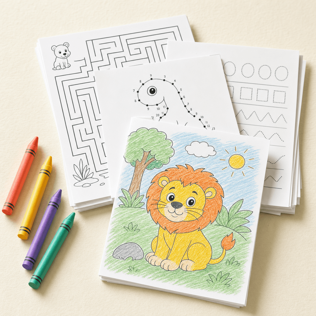 A fanned stack of printed kids activity pages — coloring, maze, dot-to-dot and ABC tracing — with crayons.