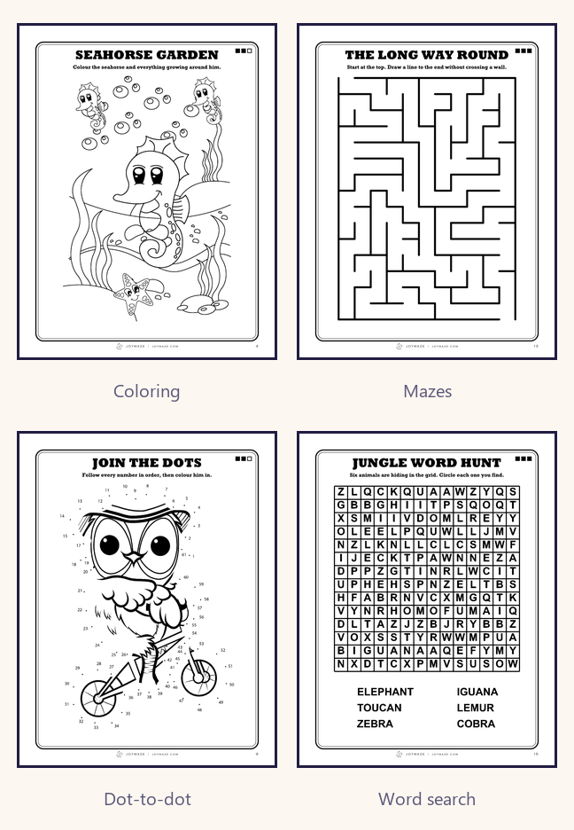 Four pages from the pack shown larger: coloring, maze, tracing and dot-to-dot.