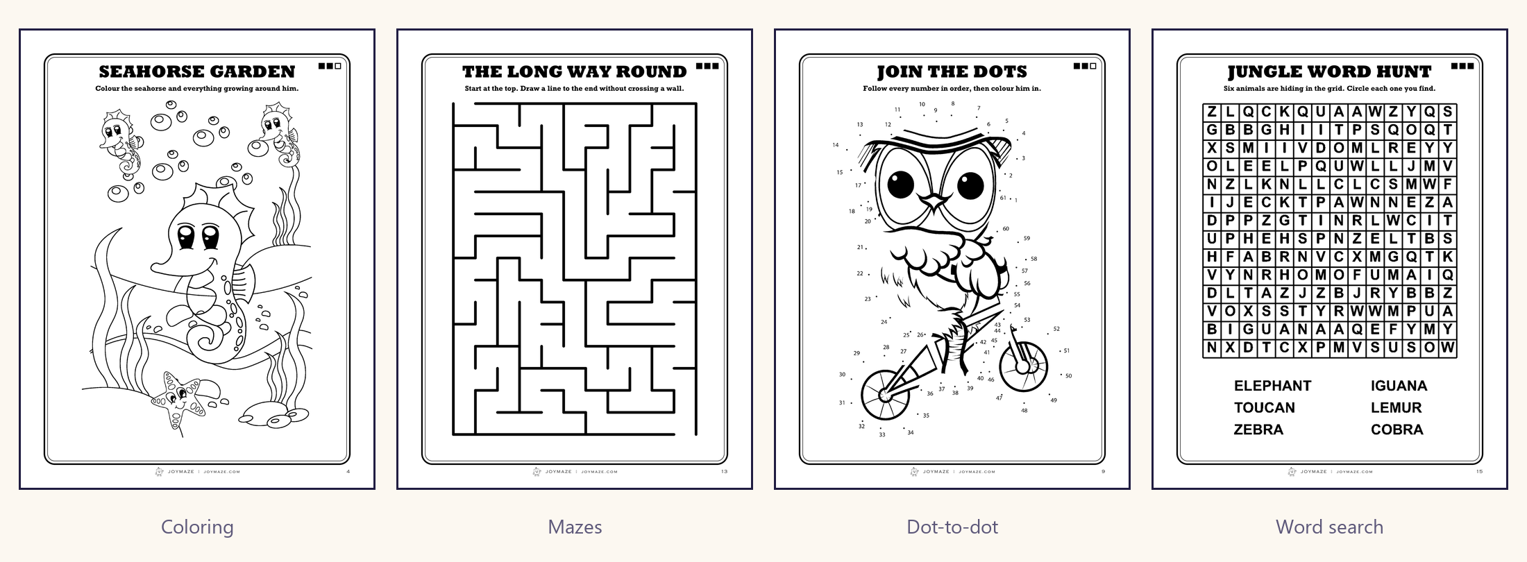 Four pages from the pack: an Ocean Life mermaid coloring page, a maze, an Aa tracing page, and a cat dot-to-dot.